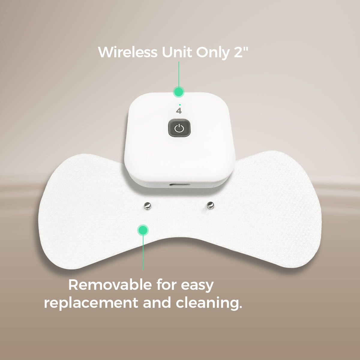 Close-up of the Wellue wireless TENS unit attached to a butterfly-shaped electrode pad, showing the small 2-inch removable design for easy cleaning and pad replacement