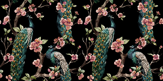 Black & green tropical bird satin fabric Panel Image