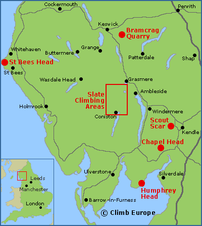 Map of the sport climbing areas in the Lake District