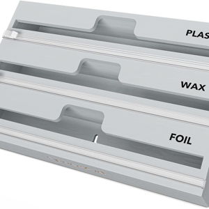 GRAY SpaceAid WrapNeat 3 in 1 Wrap Organizer with Cutter and Labels, Plastic Wrap, Aluminum Foil and Wax Bamboo Dispenser for Kitchen Storage Organization Holder for 12" Roll (Natural)