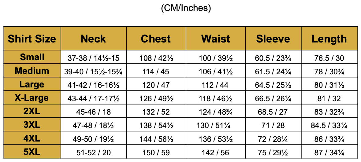 size chart for mens modern fit silk shirts from 1000 kingdoms
