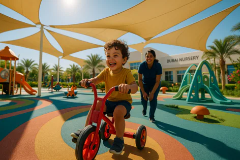Young child smiles while riding a red tricycle on a colorful rubber playground surface at Dubai Nursery, with a staff member supervising.