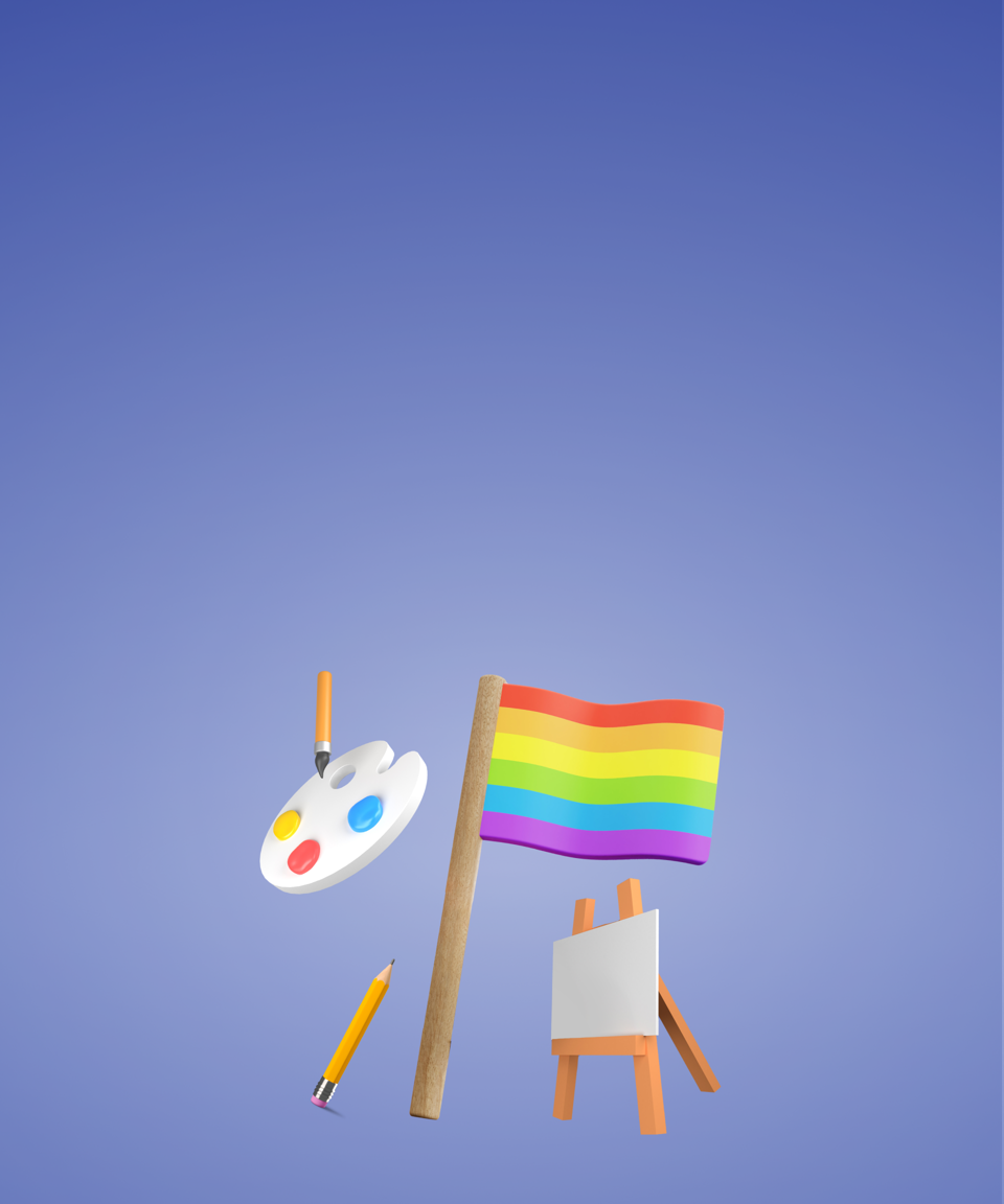 A pride flag, paint palette, and easel (small)