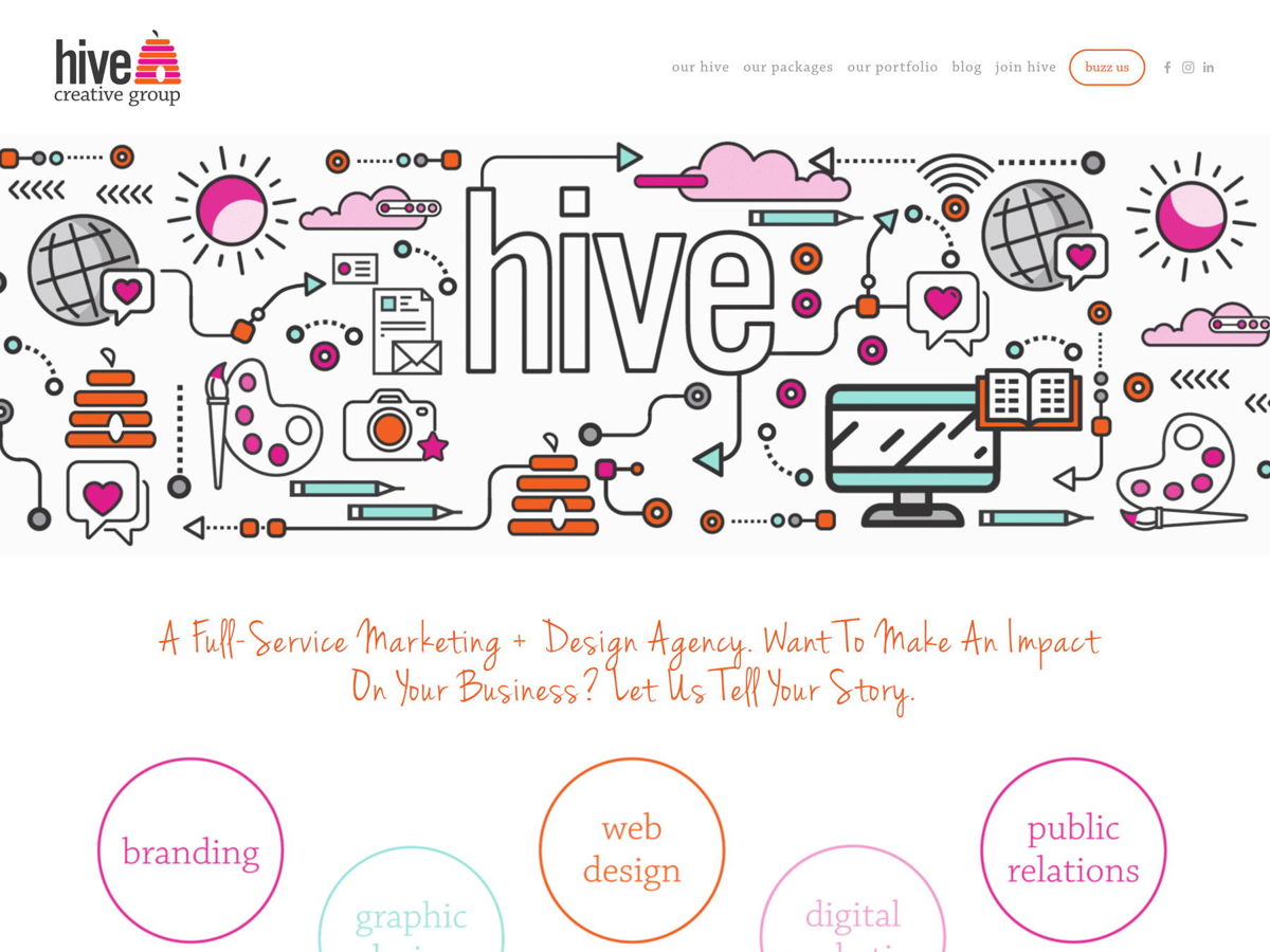 Screenshot of Hive Creative Group, from the squarespace portfolio examples collection.