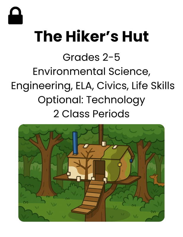Elementary students build a 3DuxDesign hiker’s hut model in a forest environment, featuring a cardboard treehouse with connectors, a ladder platform, and a chimney. This environmental science and engineering STEM activity teaches grades 2–5 about habitats, sustainability, and community design.