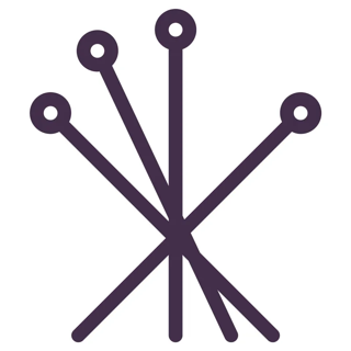 Minimalist icon of five intersecting lines with circles at their ends, resembling acupuncture needles on a white background.
