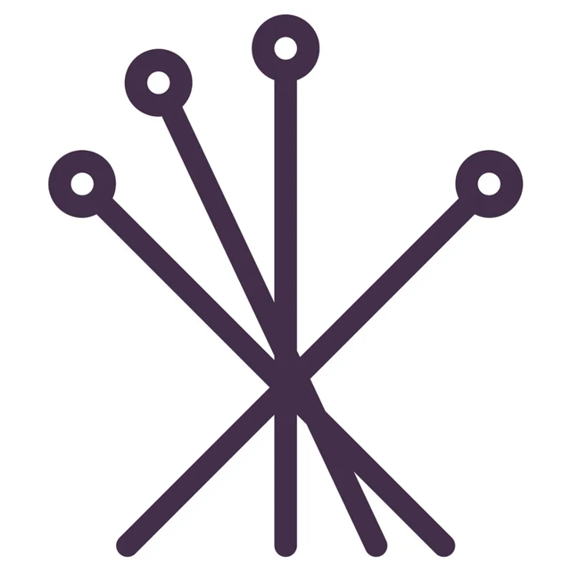 Minimalist icon of five intersecting lines with circles at their ends, resembling acupuncture needles on a white background.