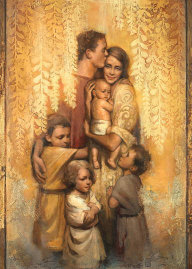 A painting  of a family huddled close beneath drooping gold vines. 