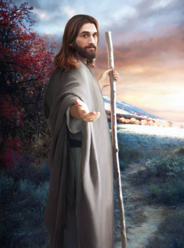 Painting of Jesus standing on a pathway with His hand oustretched