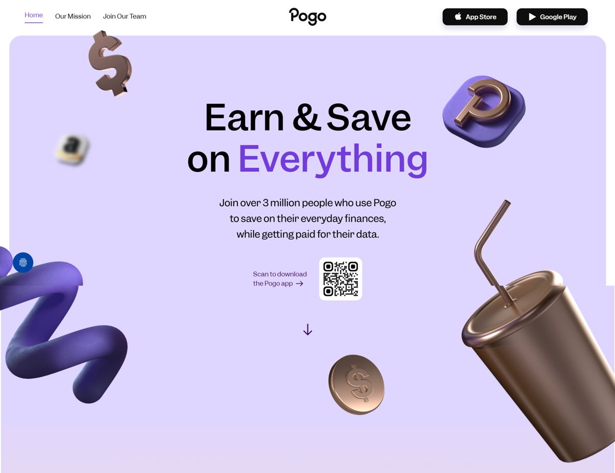 Screenshot of Pogo , from the website hero section designs collection.