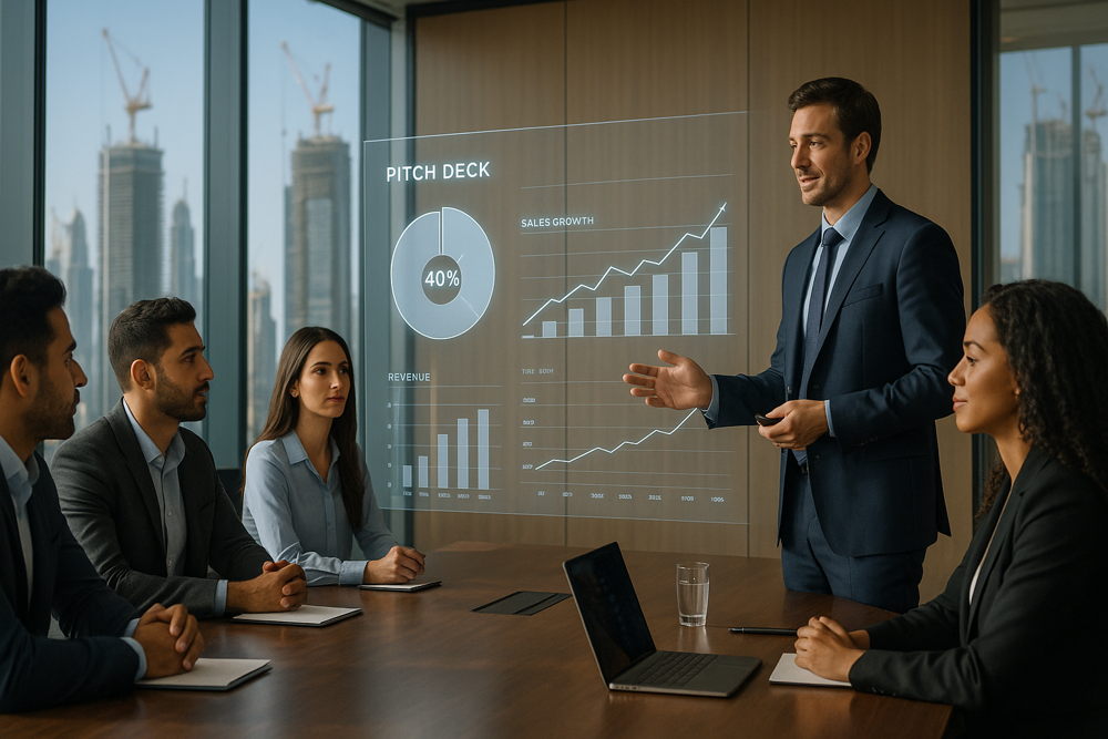 Businessman presents pitch deck with sales growth and revenue charts on a transparent screen to attentive colleagues during a meeting in a modern office with cityscape view.