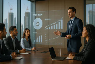 Businessman presents pitch deck with sales growth and revenue charts on a transparent screen to attentive colleagues during a meeting in a modern office with cityscape view.