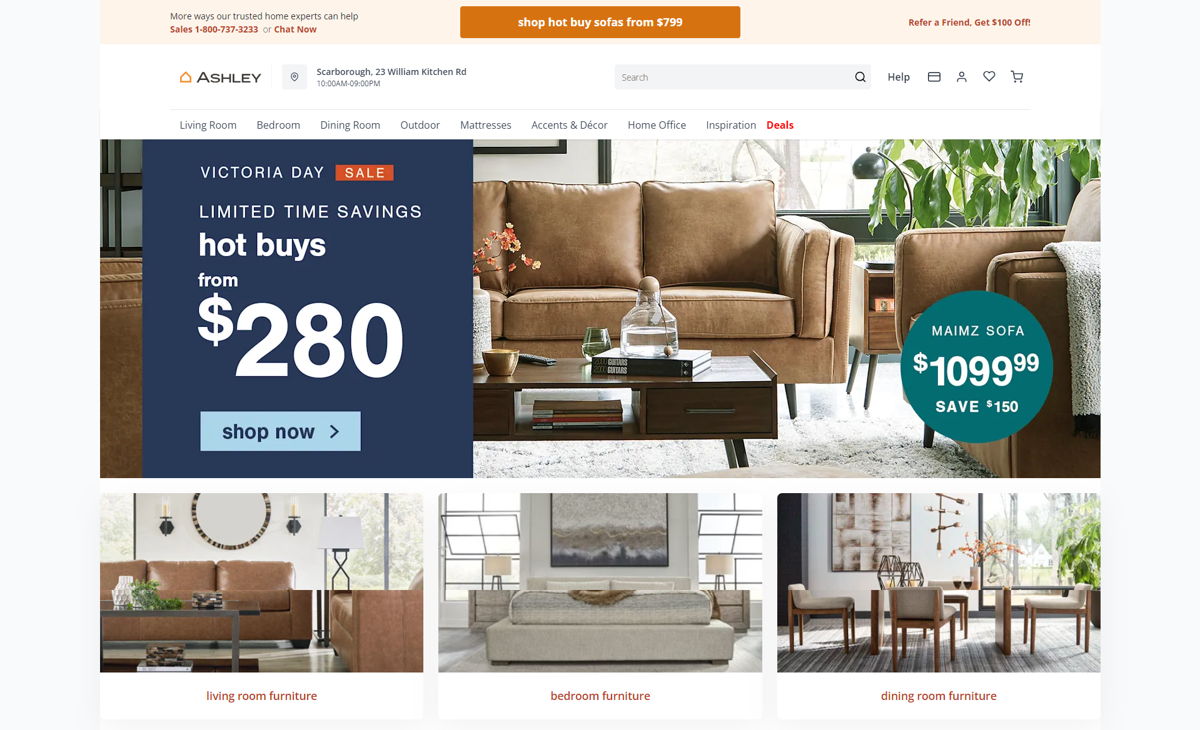Screenshot of Ashley Canada, from the shopify furniture stores collection.