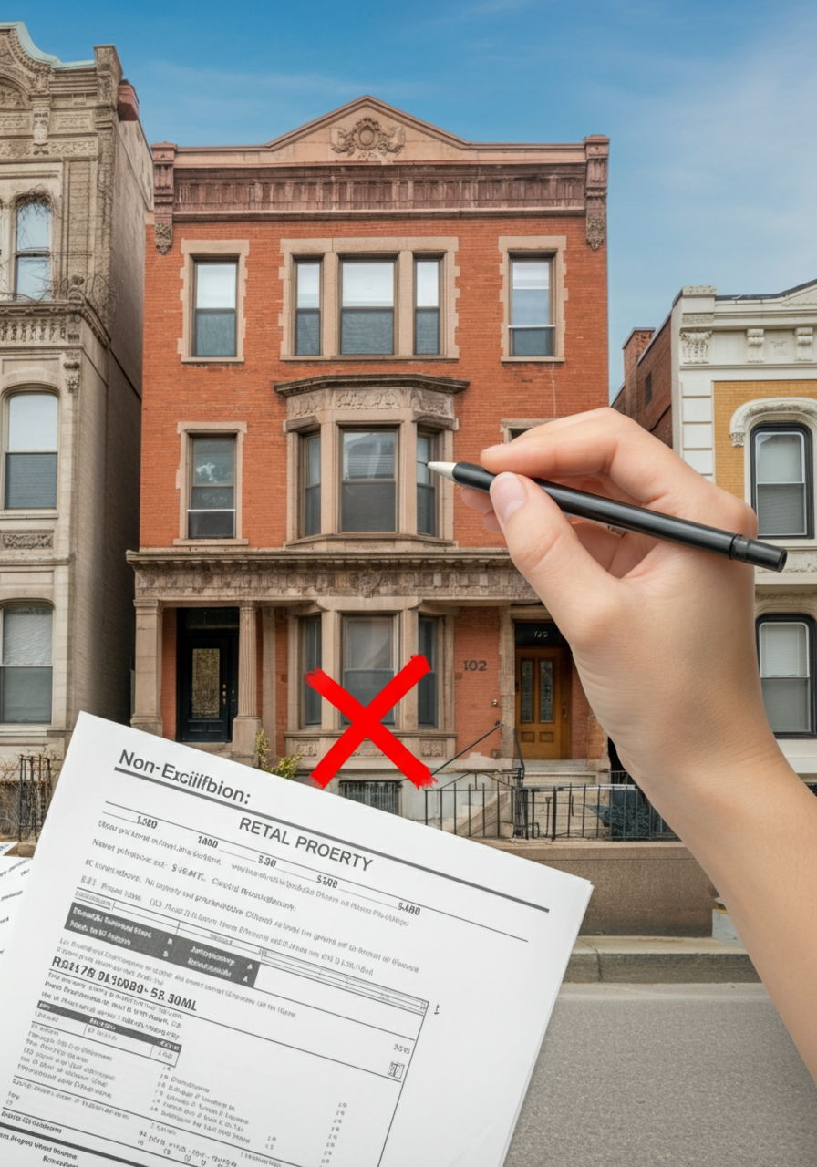 A non-qualifying scenario depicting a Chicago investment property that was never used as a primary residence, with a timeline showing Rental Property: 5 years and a red X indicating no exclusion eligibility, with rental income documents visible in the foreground.