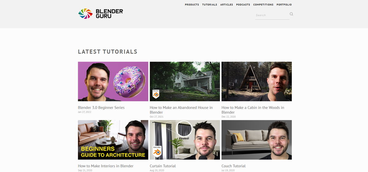 Screenshot of Blender Guru, from the squarespace blog examples collection.