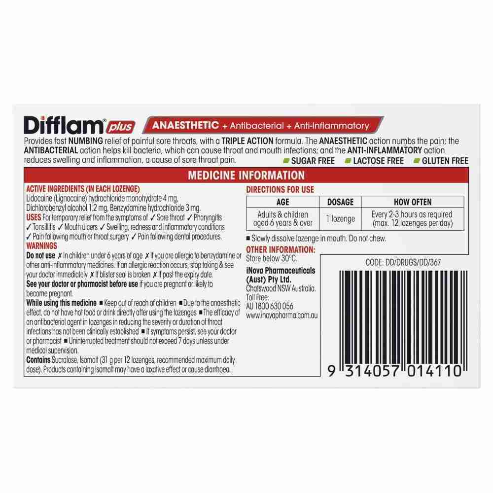 Difflam Plus Anaesthetic Sore Throat Lozenges Pineapple & Lime Flavour 16S - Image 3