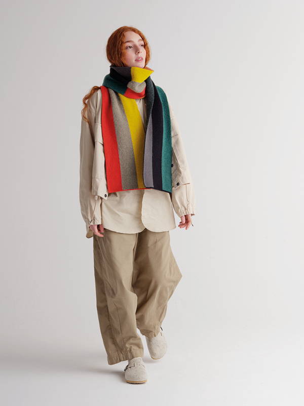 model wears Brushed Six Colour Vertical Stripe Scarf Multicolour