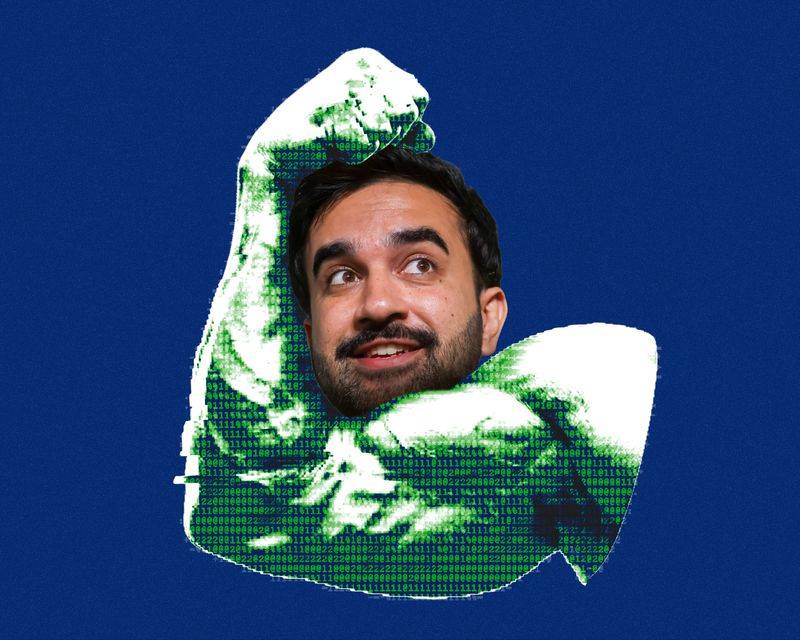 A photo illustration of Zohran Mamdani's face beside a computer-generated flexing bicep, set on a field of solid blue.