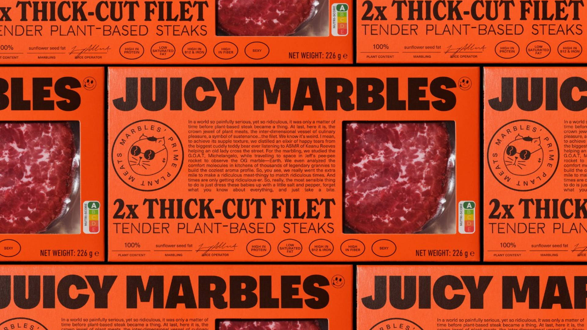Featured image for Plant-Based Steak Juicy Marbles' Branding Turns On the Charm With Bright, Maximalist Fun