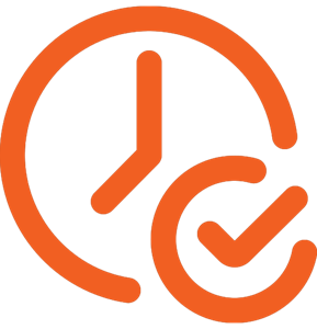 An orange clock icon with a check mark inside a smaller circle overlapping the lower right side of the clock, symbolizing time management or completed tasks.