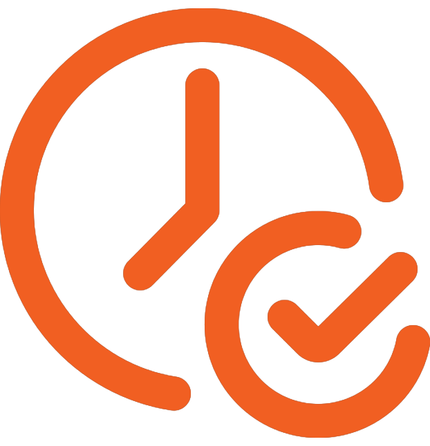 An orange clock icon with a check mark inside a smaller circle overlapping the lower right side of the clock, symbolizing time management or completed tasks.