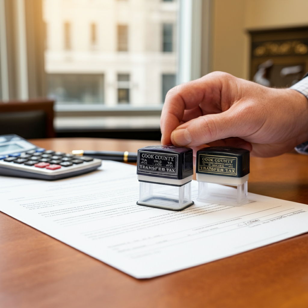 A close-up of official Cook County transfer tax stamps being applied to a property deed document. The stamps clearly show the tax amounts, with a calculator, pen, and closing statement visible on a polished wooden table in a title company office with Chicago architectural elements visible through nearby windows.