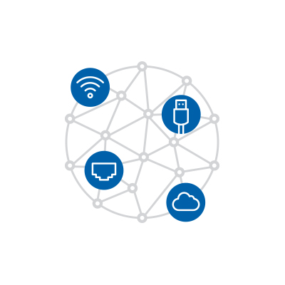 Grey network graphic with blue icons for network cable, cloud, wi-fi and USB