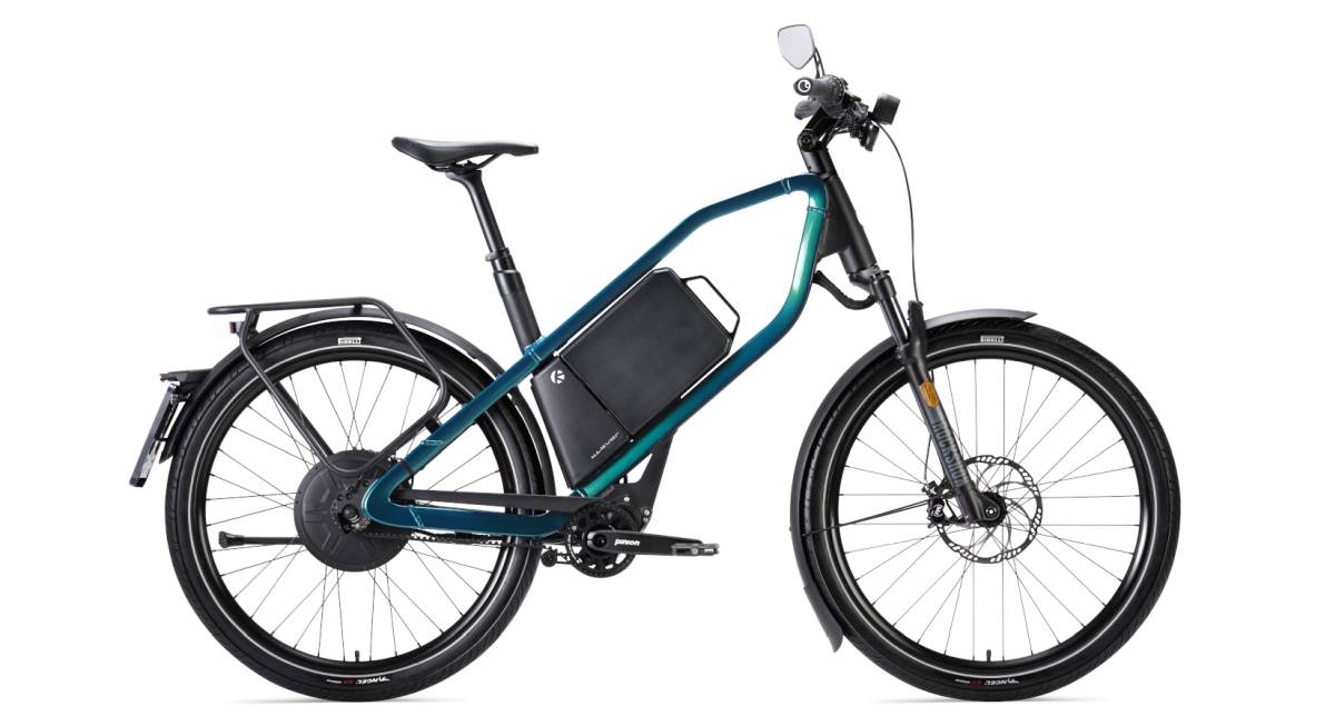 Speed pedelec Klever X Pinion 45 bleu pétrole avec boîte Pinion, courroie et moteur arrière Biactron