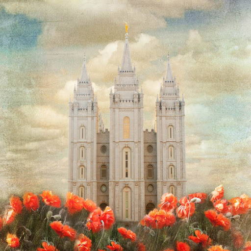 Textured Salt Lake Temple pictures with large red flowers in front.