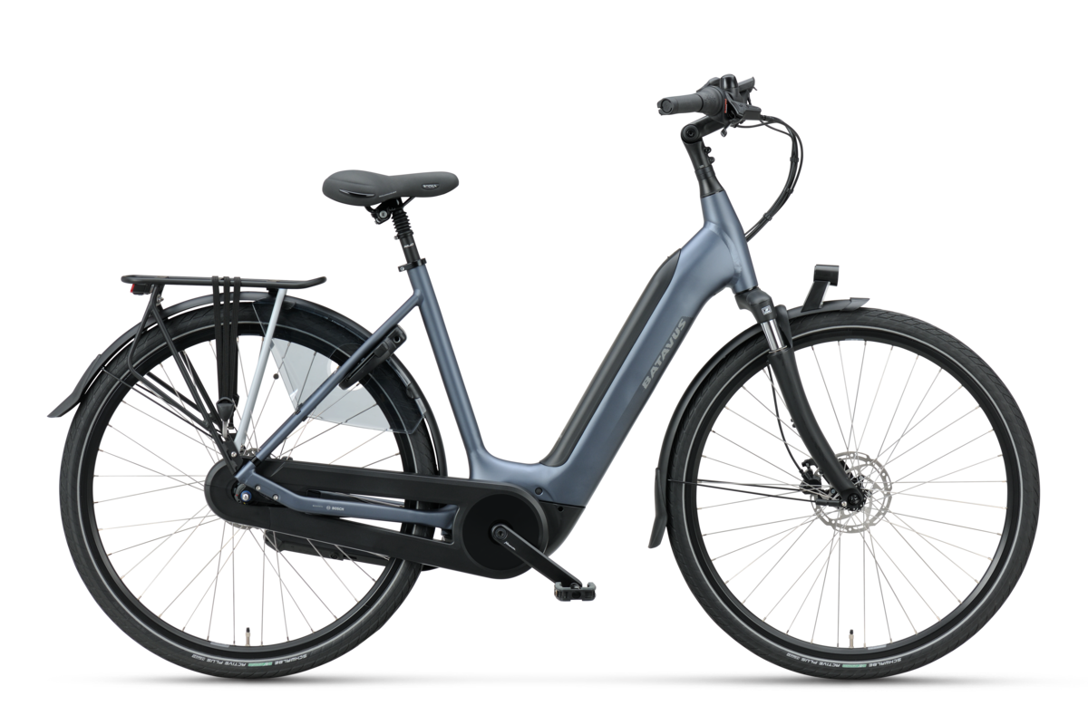 Batavus Finez E-go Power elektrische stadsfiets met lage instap, middenmotor en achterdrager.