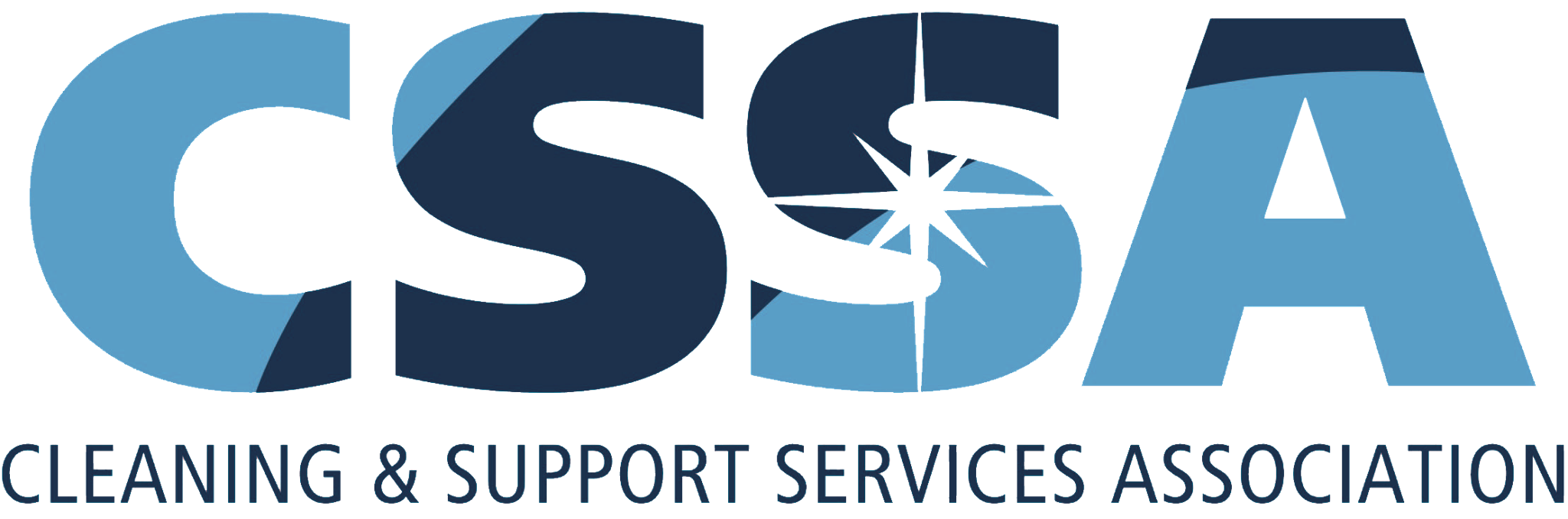 Logo for the Cleaning & Support Services Association (CSSA), featuring large blue CSSA letters with a sparkling effect on the first S and the full name written below in blue capital letters.