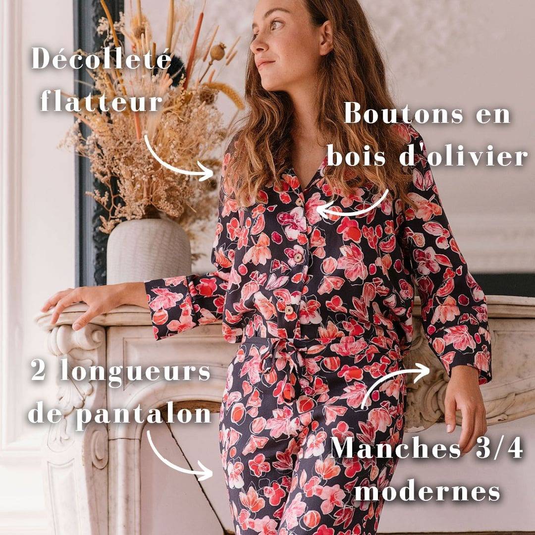 Nêge Paris - Pyjama Encore un Soir chemise pantalon bleu et rouge en tencel lyocell