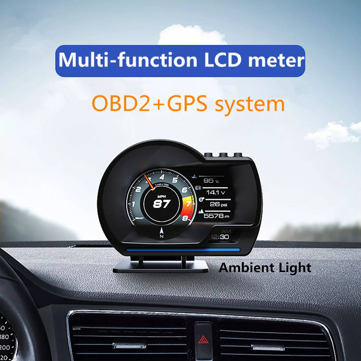 obd2 speedometer, obd2 dash display, digital obd2 gauge, obd2 multi function gauge,