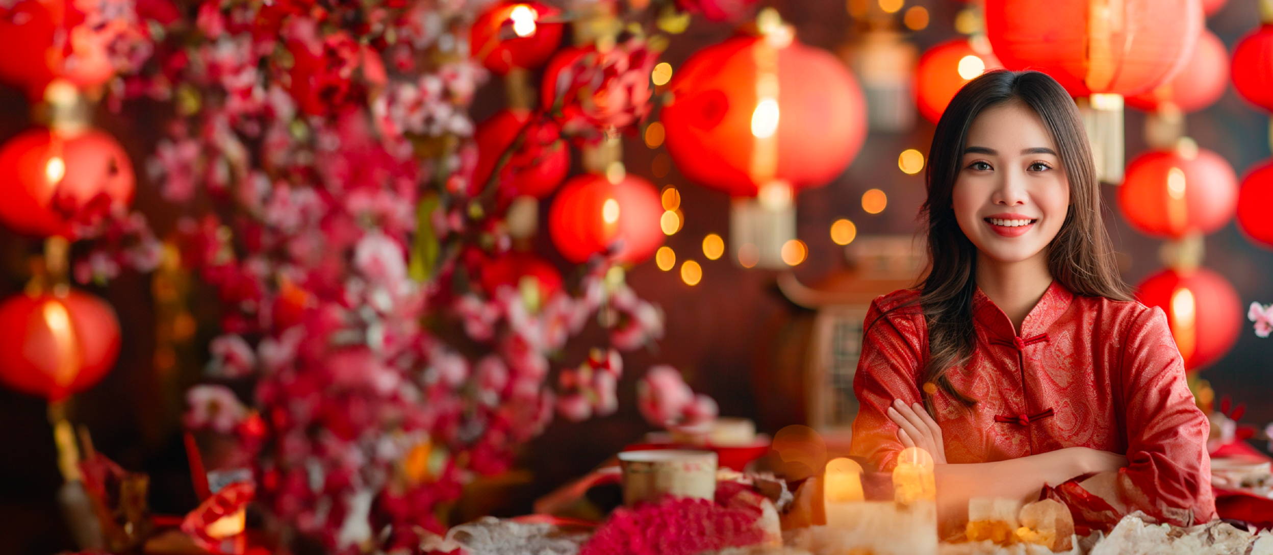 Woman in a traditional Chinese dress smiling in front of a floral arrangement and red lanterns