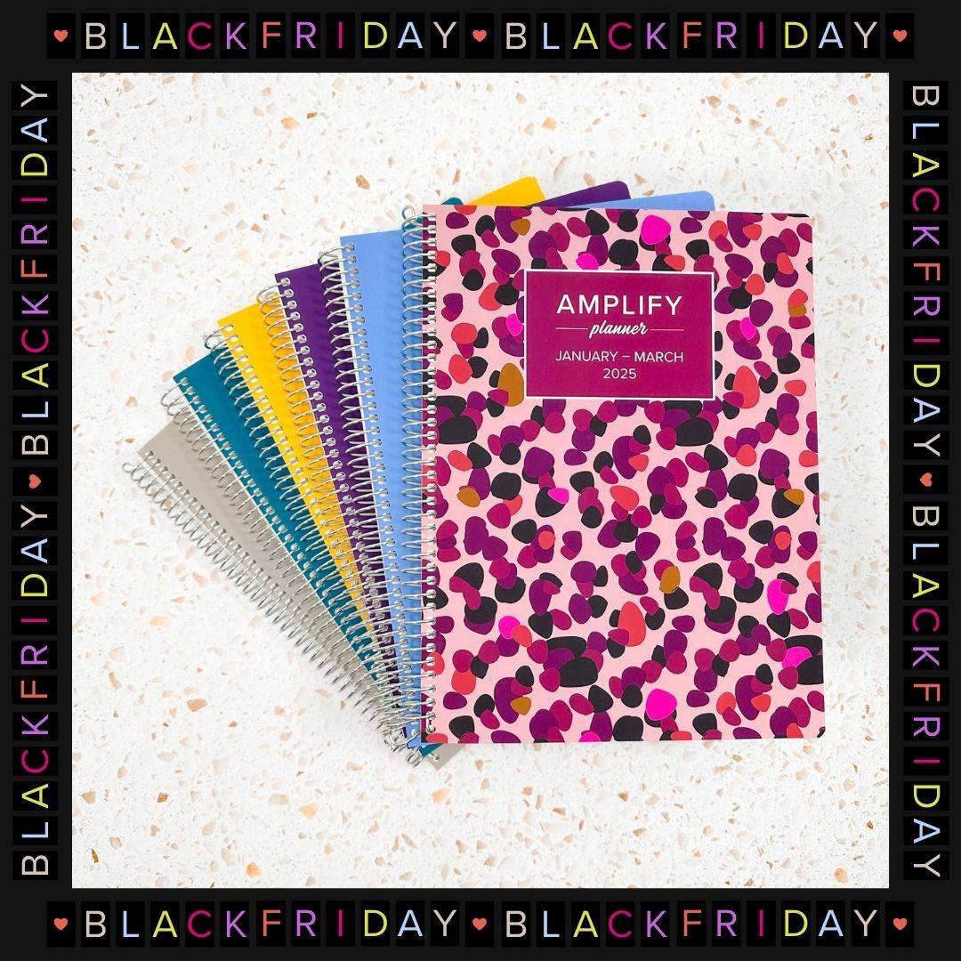 stack of q1 2025 daily amplify planners with black friday frame