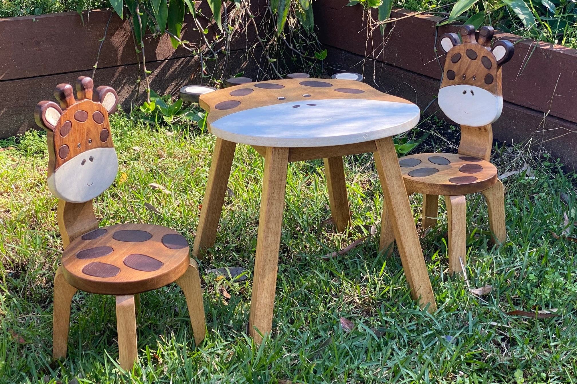 Kids Wooden Table + 2 Chairs Set Giraffe Design Carved Timber Children Furniture - Image 5