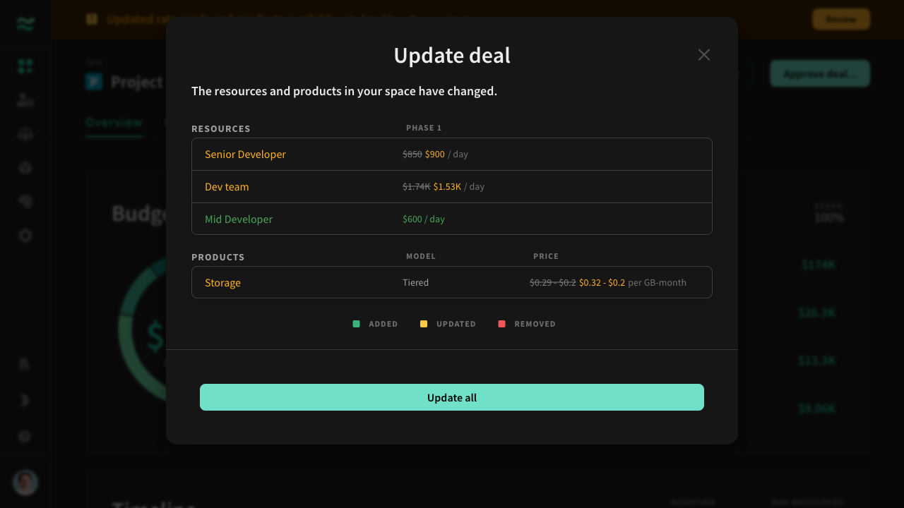 Track, compare and apply changes to individual deals