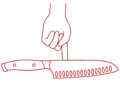 Check out this well-balanced knife! A red outline of a hand holds it over a white background in this image.