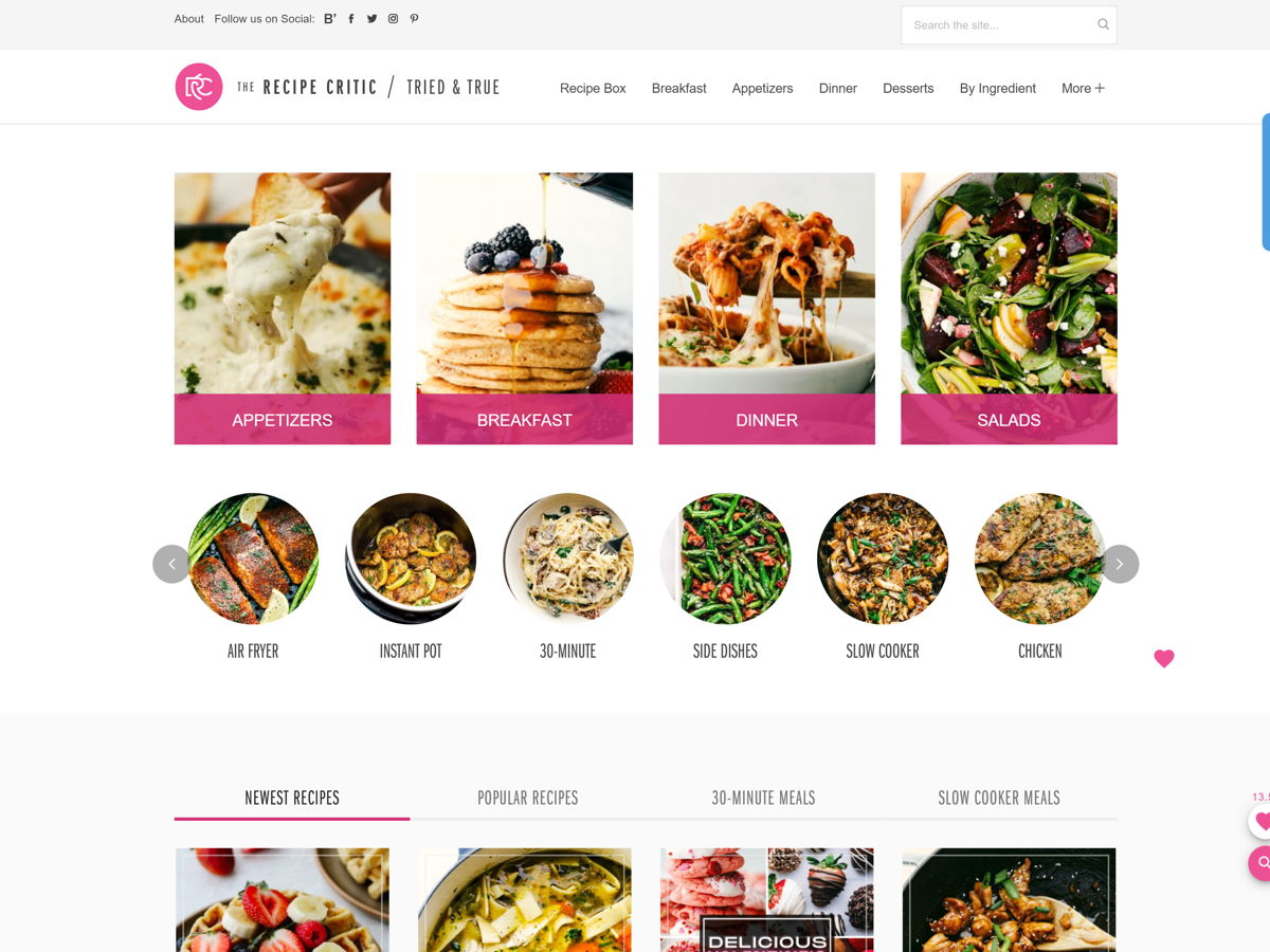 Screenshot of Recipe Blog: The Recipe Critic, from the blog examples collection.