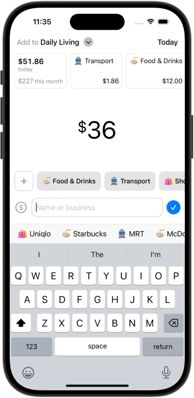 Screenshot of logging an expense in CashJot