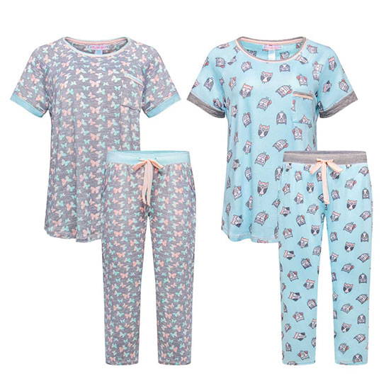 Womens Hack Capri Sleepwear Set in Pink and Blue Butterflies and Blue Owls pattern