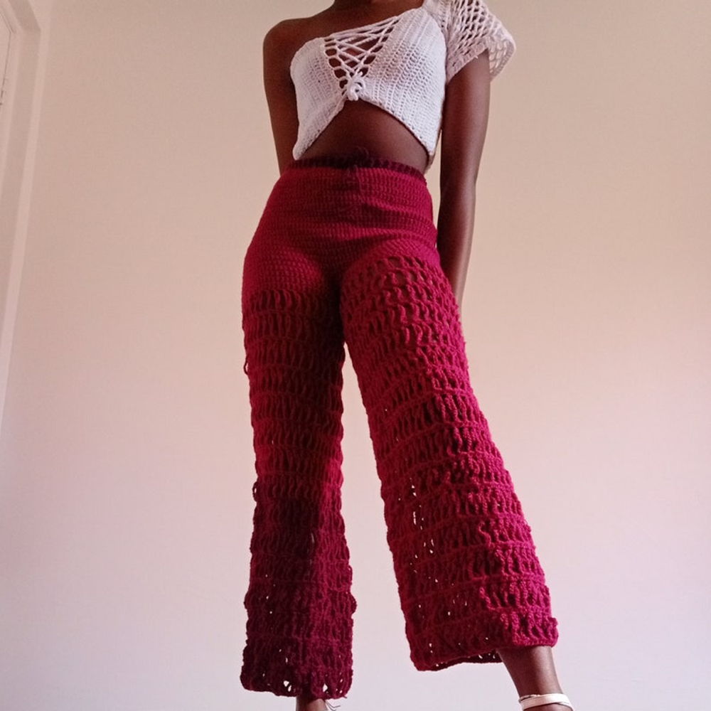 crochet mesh trouser, crochet pants pattern, crochet bell bottoms
