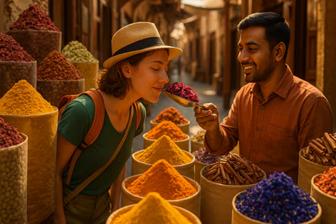 Woman in hat smells vibrant red spices held by a smiling man at a colorful market stall filled with various sacks of spices and dried goods.