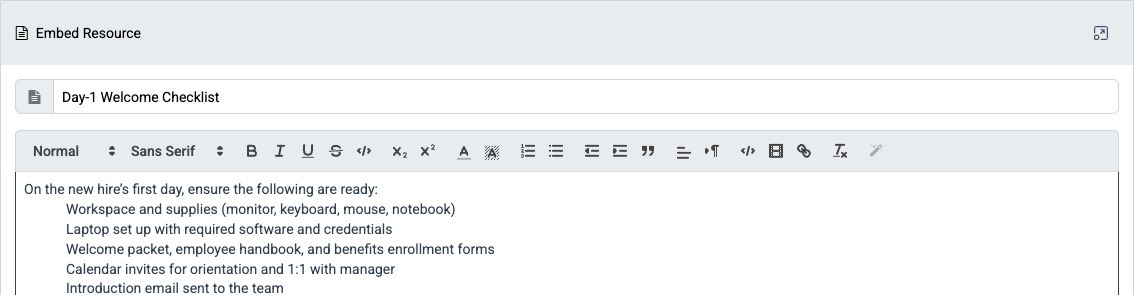 Embed Resource dialog with formatted-text editor
