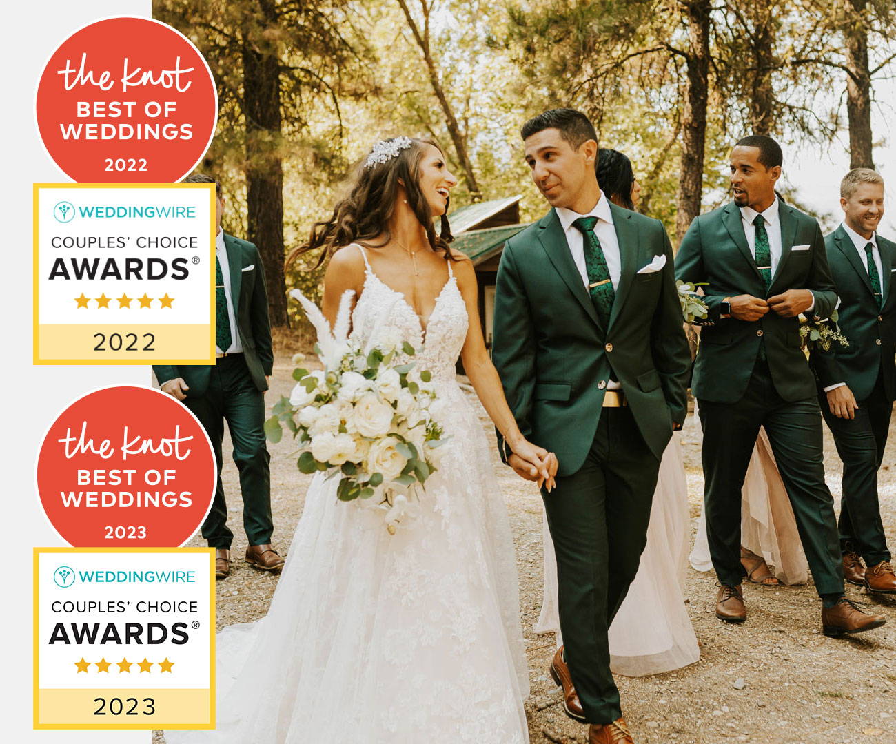 Wedding party with award logos