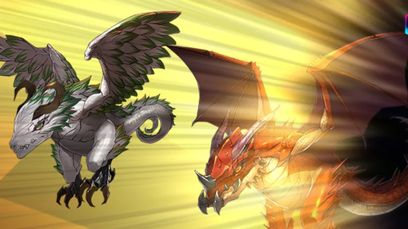 Two League of Kingdoms flying dragon NFTs in mid-air.