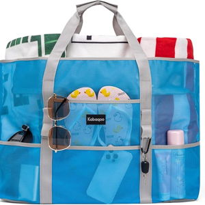 KABAQOO Mesh Beach Bag, Extra Large Beach Bags with 9 Pockets & Zipper Waterproof Lightweight Beach Tote for Beach/Pool Trip
