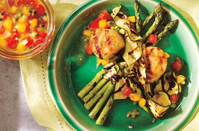 Grilled Scallops and Vegetables with Mango-Passion Fruit Salsa