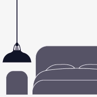 An illustration of a Coolicon shade hanging over a night stand next to a bed