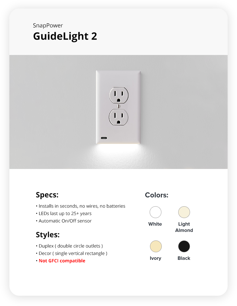 SnapPower GuideLight 2PLUS - White, GFCI